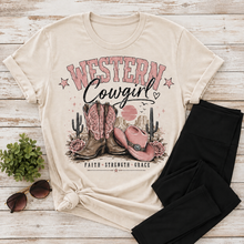 Load image into Gallery viewer, Western Cowgirl graphic crewneck tee with pink cowboy boots, hat and desert design