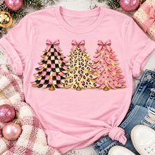 Load image into Gallery viewer, Pink leopard and checkered Christmas trees graphic apparel for women in pink and black