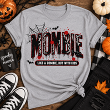 Load image into Gallery viewer, Gray crewneck Mombie Halloween mom graphic tee with black and red zombie design
