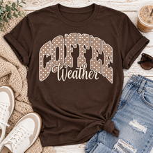 Load image into Gallery viewer, Coffee Weather polka dot graphic shirt available in brown and beige V-neck, crewneck tee, long sleeve tee and hoodie styles.