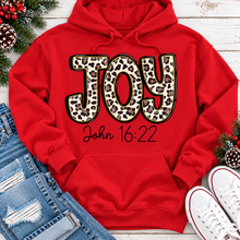 Load image into Gallery viewer, JOY John 16:22 leopard print Christmas graphic apparel available in four styles and two colors.