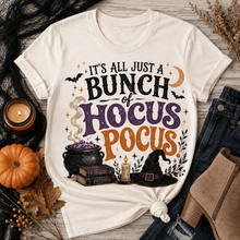 Load image into Gallery viewer, Hocus Pocus Halloween graphic crewneck tee with witch hat, cauldron and bats