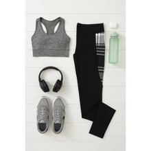Load image into Gallery viewer, High waisted black leggings with plaid side panel