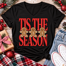 Load image into Gallery viewer, Tis the Season Christmas graphic apparel featuring red polka dot lettering and three gingerbread cookies