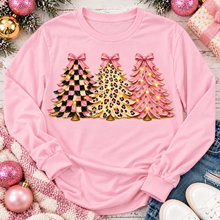 Load image into Gallery viewer, Pink leopard and checkered Christmas trees graphic apparel for women in pink and black