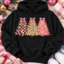 Load image into Gallery viewer, Pink leopard and checkered Christmas trees graphic apparel for women in pink and black