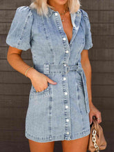 Load image into Gallery viewer, Puff Sleeve Button Up Mini Denim Dress