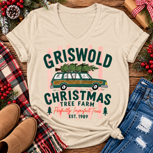 Load image into Gallery viewer, Christmas graphic tee featuring Griswold Christmas Tree Farm vintage green station wagon with Christmas tree and retro lettering.
