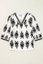 Load image into Gallery viewer, Boho Beige and Black Print Puff Sleeve Blouse
