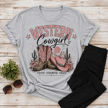 Load image into Gallery viewer, Western Cowgirl graphic crewneck tee with pink cowboy boots, hat and desert design
