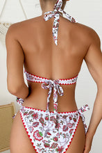 Load image into Gallery viewer, Red Floral Halter O-Ring Backless Knot Bikini Set
