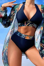 Load image into Gallery viewer, Navy Blue 3pcs Tropical Contrast Trim Halter Bikini Set with Cove up
