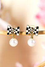 Load image into Gallery viewer, Checkered Bow Pearl Drop Earrings
