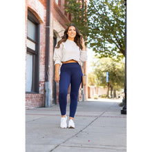 Load image into Gallery viewer, Julia Rose The Nyla navy full-length leggings with pockets, Women wearing navy pocket leggings
