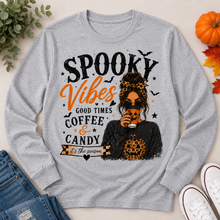 Load image into Gallery viewer, Spooky Vibes Halloween graphic long sleeve crewneck tee with coffee, pumpkin and leopard print design

