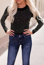 Load image into Gallery viewer, Black Rhinestone O-neck Long Sleeve Bodysuit
