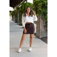 Load image into Gallery viewer, Julia Rose Bridget Brown Jogger Skirt women’s boutique midi skirt front view, Woman wearing Julia Rose Bridget jogger style brown skirt
