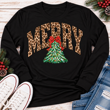 Load image into Gallery viewer, MERRY leopard print Christmas tree graphic apparel for women in black, red and beige
