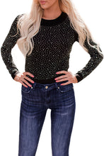 Load image into Gallery viewer, Black Rhinestone O-neck Long Sleeve Bodysuit
