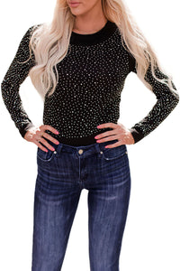 Black Rhinestone O-neck Long Sleeve Bodysuit