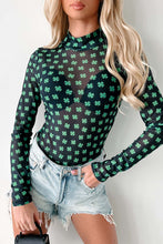 Load image into Gallery viewer, Green St Patrick Shamrock Printed Long Sleeve Mesh Bodysuit

