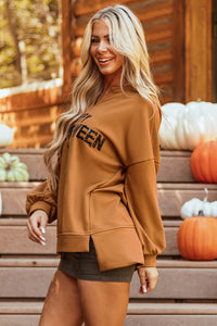 Chestnut Sequin Happy Halloween Graphic Notched Neck Long Sleeve Loose Top