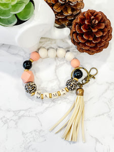 Mama Beaded Silicone & Wood Bracelet Keychain Wristlet