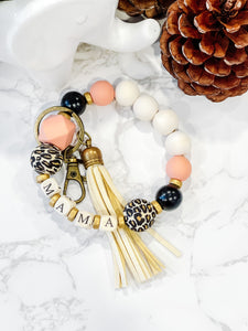 Mama Beaded Silicone & Wood Bracelet Keychain Wristlet