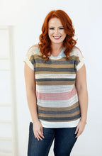 Load image into Gallery viewer, Striped Eyelet Knit Short Sleeve Sweater Tee
