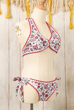 Load image into Gallery viewer, Red Floral Halter O-Ring Backless Knot Bikini Set
