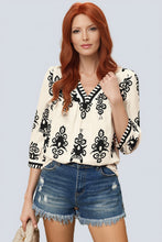 Load image into Gallery viewer, Boho Beige and Black Print Puff Sleeve Blouse
