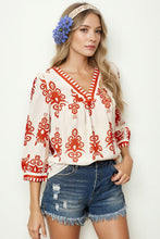 Load image into Gallery viewer, Boho Beige and Orange Print Puff Sleeve Blouse
