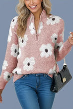 Load image into Gallery viewer, Pink Floral Half Zip Collar Sweater
