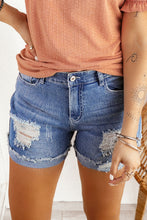 Load image into Gallery viewer, Distressed Ripped Rolled Hem Blue Denim Shorts
