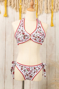 Red Floral Halter O-Ring Backless Knot Bikini Set