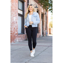 Load image into Gallery viewer, High-waisted black ankle length leggings with pockets by Julia Rose, Julia Rose women’s black 7/8 leggings lifestyle image
