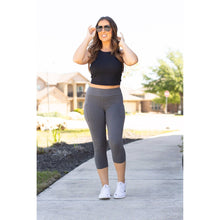 Load image into Gallery viewer, Julia Rose The Dani charcoal capri leggings with pockets, Women wearing charcoal capri pocket leggings
