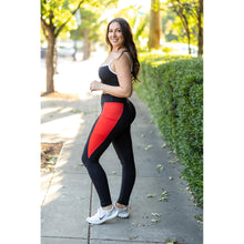 Load image into Gallery viewer, Julia Rose Roxie Red Panel Full Length Leggings women’s boutique leggings front view, Woman wearing Julia Rose Roxie leggings with red panel detail
