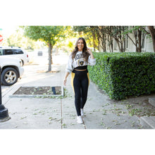 Load image into Gallery viewer, Julia Rose Yasmine Yellow Panel Full Length Leggings women’s boutique leggings front view, Woman wearing Julia Rose Yasmine leggings with yellow panel detail
