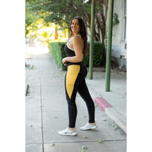 Load image into Gallery viewer, Julia Rose Yasmine Yellow Panel Full Length Leggings women’s boutique leggings front view, Woman wearing Julia Rose Yasmine leggings with yellow panel detail
