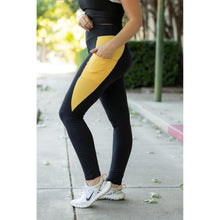 Load image into Gallery viewer, Julia Rose Yasmine Yellow Panel Full Length Leggings women’s boutique leggings front view, Woman wearing Julia Rose Yasmine leggings with yellow panel detail
