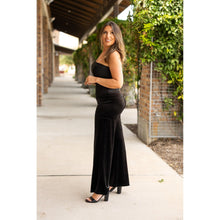 Load image into Gallery viewer, Women’s flowy velvet wide leg holiday pants. Velvet wide leg trousers styled for holiday outfits
