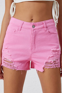 Rose Solid Color Distressed Denim Shorts