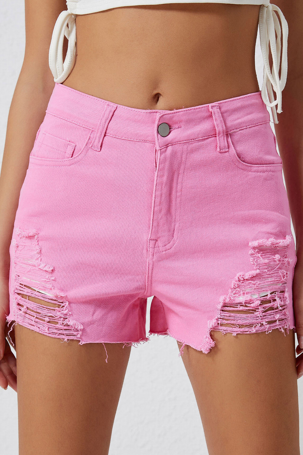 Rose Solid Color Distressed Denim Shorts