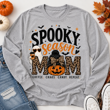Load image into Gallery viewer, Spooky Season Mom Halloween graphic long sleeve crewneck tee with leopard print, ghost, pumpkin and coffee design
