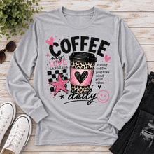 Load image into Gallery viewer, Coffee My Love Language graphic long sleeve crew neck tee with pink and leopard print coffee design
