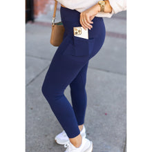Load image into Gallery viewer, Julia Rose The Nyla navy full-length leggings with pockets, Women wearing navy pocket leggings
