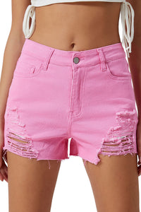 Rose Solid Color Distressed Denim Shorts