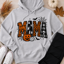 Load image into Gallery viewer, Mama Halloween graphic grey hoodie with pumpkins, ghosts, leopard print and plaid design
