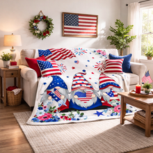 Load image into Gallery viewer, Patriotic gnome blanket 130x150 cm flannel throw in red white and blue America 250 design cozy USA themed blanket
